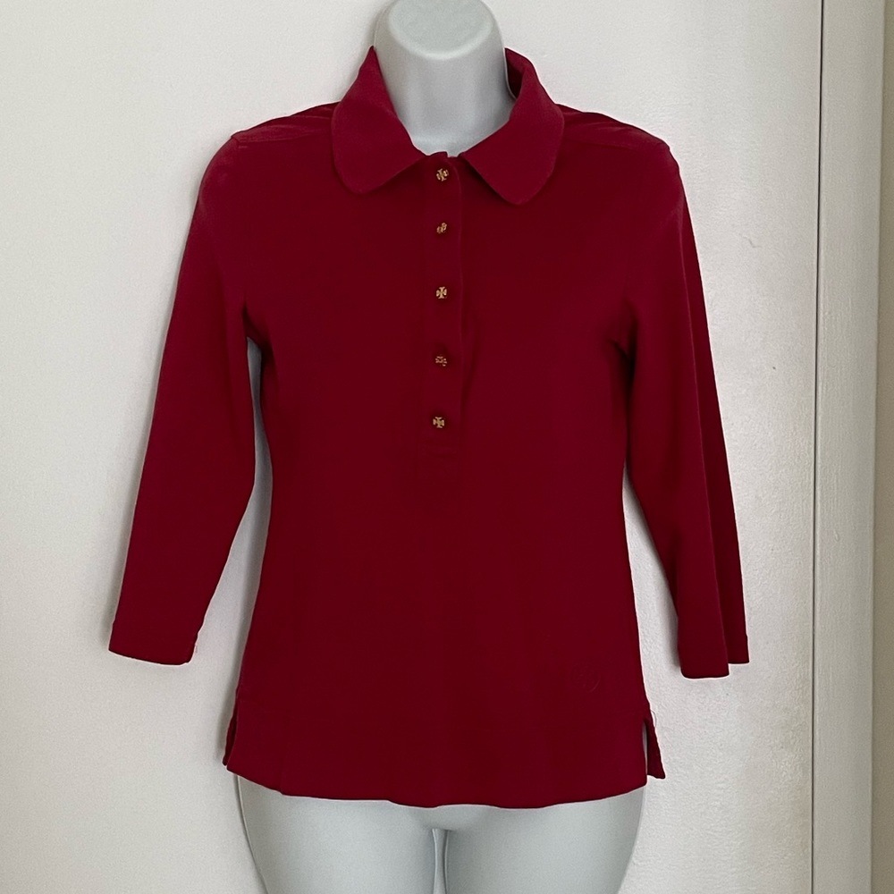 Tory Burch Three-Quarter Sleeve Polo Shirt in Pink